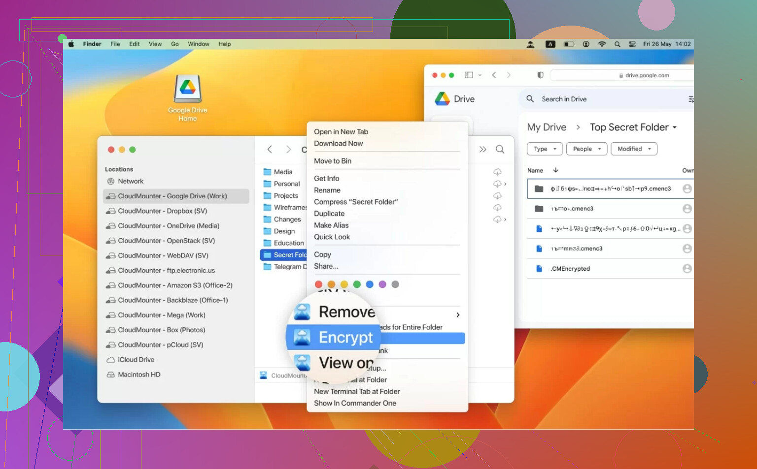 Screenshot of S3 encryption settings and CloudMounter UI